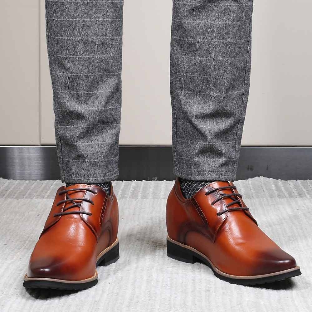Tall Men Dress Shoes Brown Brush-Off Leather Elevator Shoes 9CM / 3.54 Inches