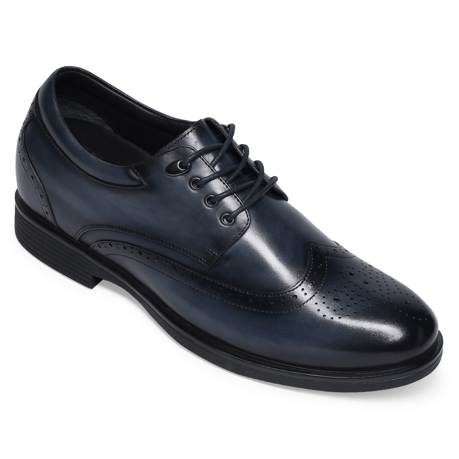 Dress Elevator Shoes- Mens Hand Painted Wingtip Oxford Shoes- Blue- 8 CM/3.15 Inches Taller
