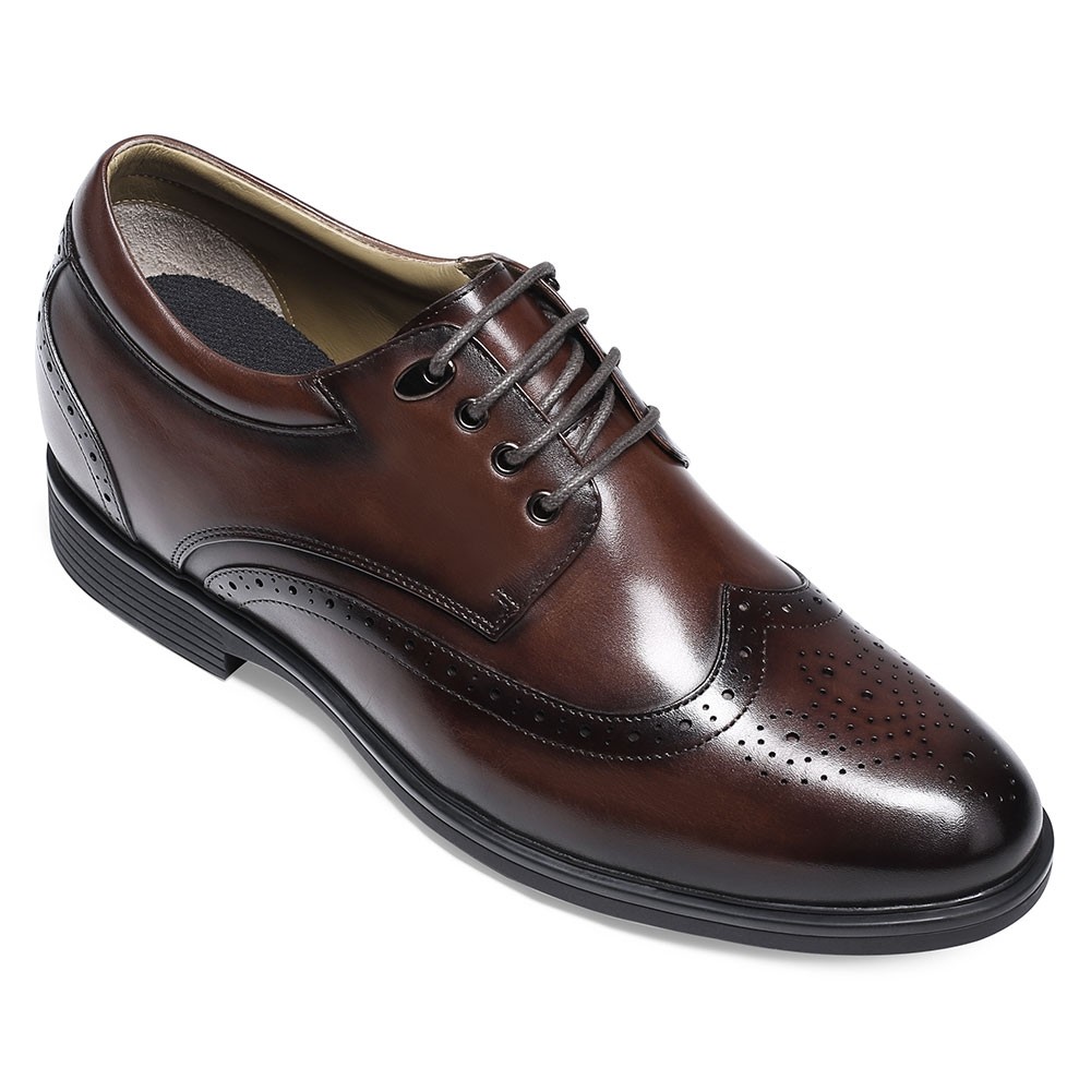 Elevator Dress Shoes- Mens Hand Painted Wingtip Oxford Shoes- Coffee- 8 CM/3.15 Inches Taller
