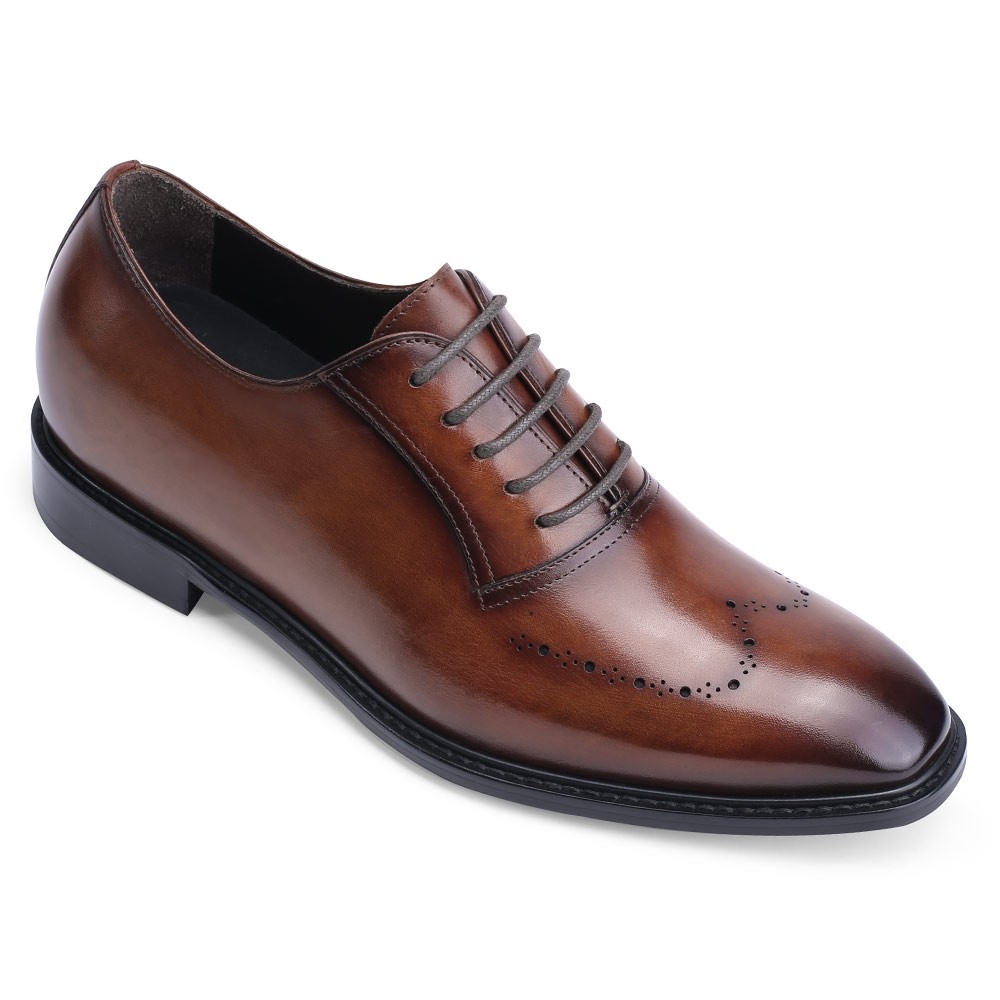 Height Increasing Formal Shoes- Hand Painted Leather Oxfords Men- Brown- 7 CM/2.76 Inches Taller