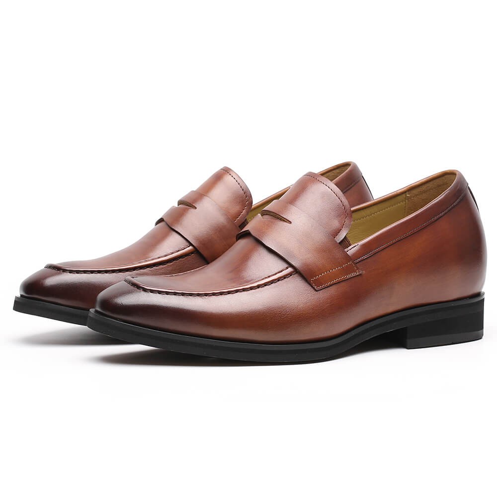 Hidden High Heel Shoes For Men Brown Classic Slip-On Penny Loafer 7 CM ...