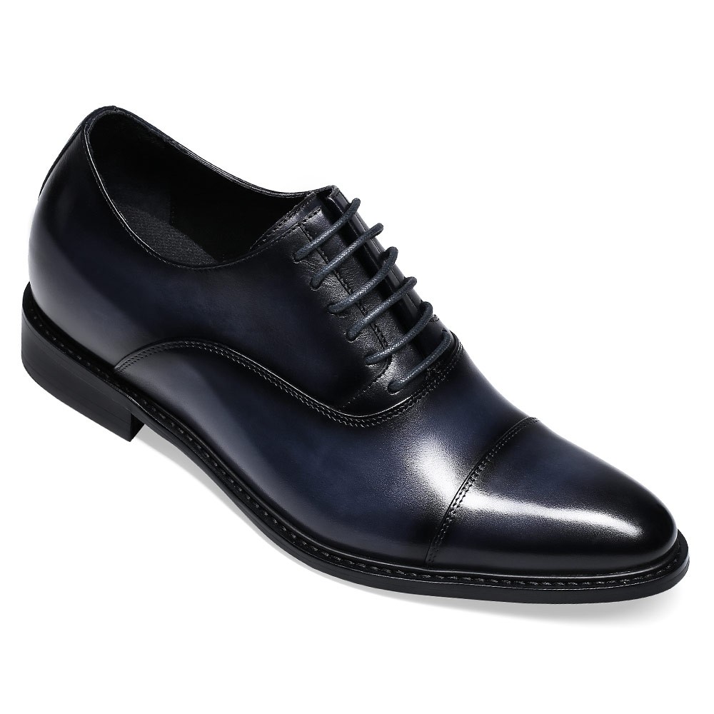 Dress Elevator Shoes- Men’s Leather Hand Painted Cap Toe Oxfords- Blue- 7 CM/2.76 Inches Taller