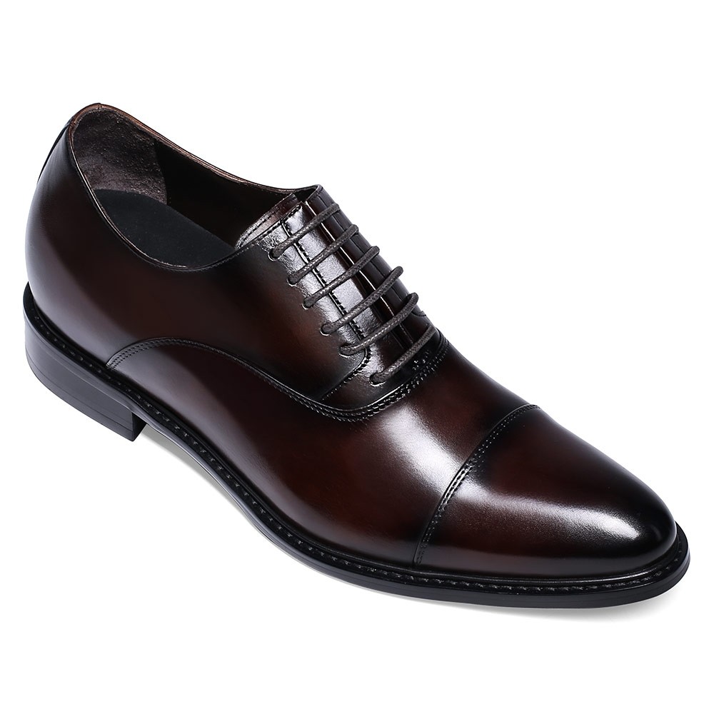 Dress Shoes That Make You Taller- Men’s Leather Hand Painted Cap Toe Oxfords- Coffee- 7 CM/2.76 Inches Taller