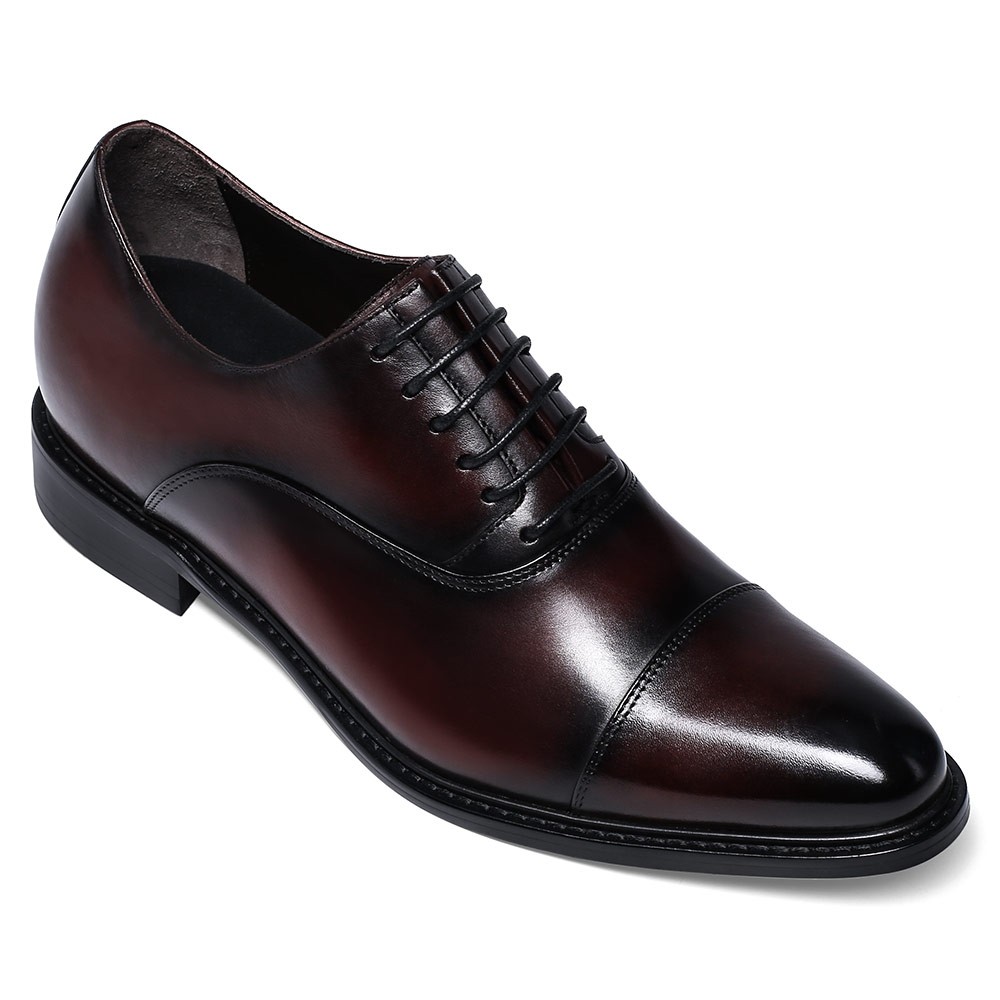 Dress Elevator Shoes- Men’s Leather Hand Painted Cap Toe Oxfords- Burgundy- 7 CM/2.76 Inches Taller