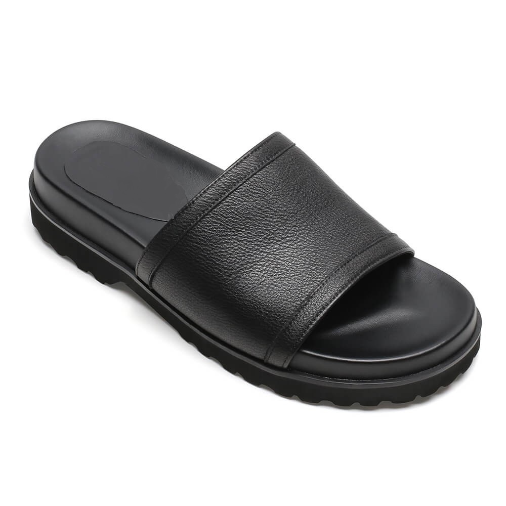 Men’s Slippers Black Leather High Heel Slide Sandal Fashion Casual Elevator Sandals 6CM / 2.36 Inches