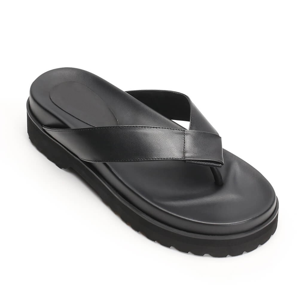 Black Leather Elevator Sandals Comfort High Heel Flip Flop Sandals 6 CM / 2.36 Inches