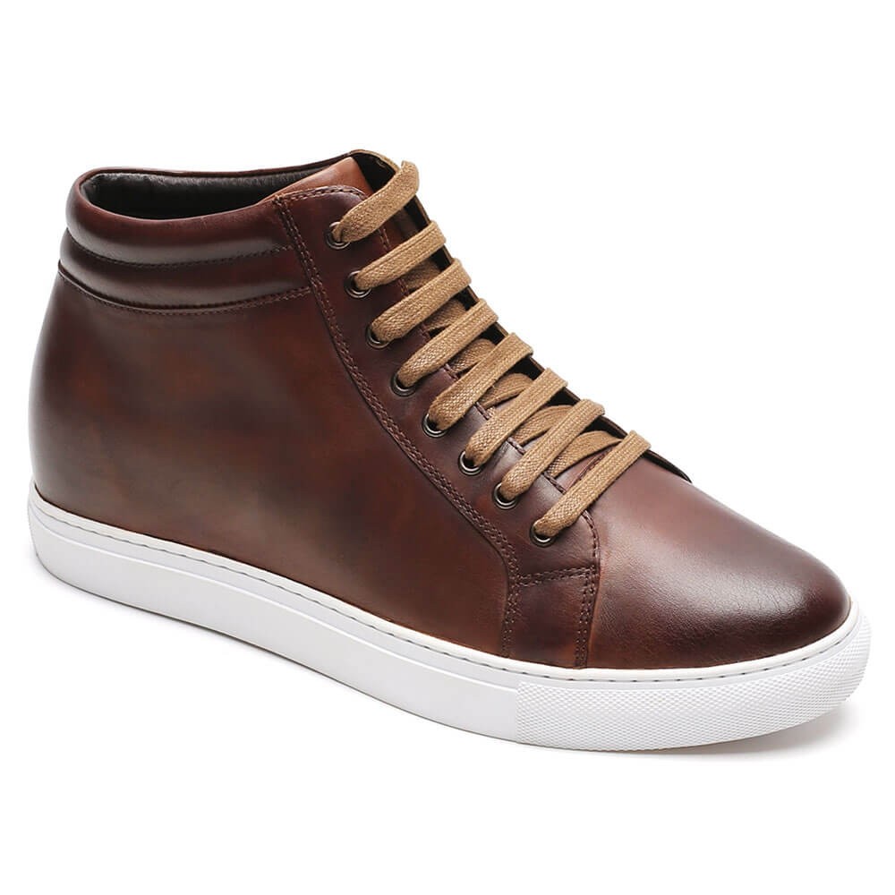 Elevator Sneakers Brown Leather High Top Sneaker That Add Height - Locaka