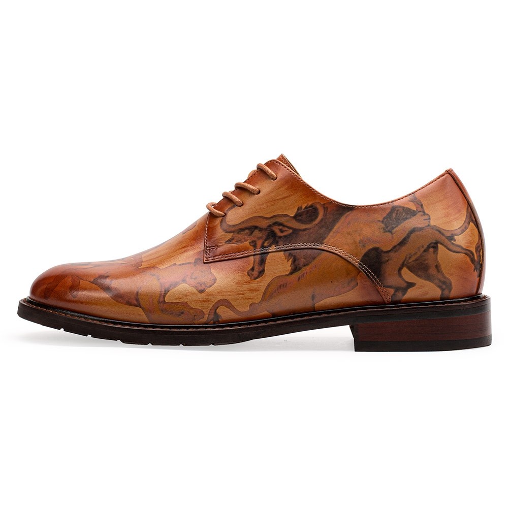 Hand-Painted Leather Elevator Shoes – Brown Animal Pattern Wholecut Oxfords 6CM /2.36 Inches