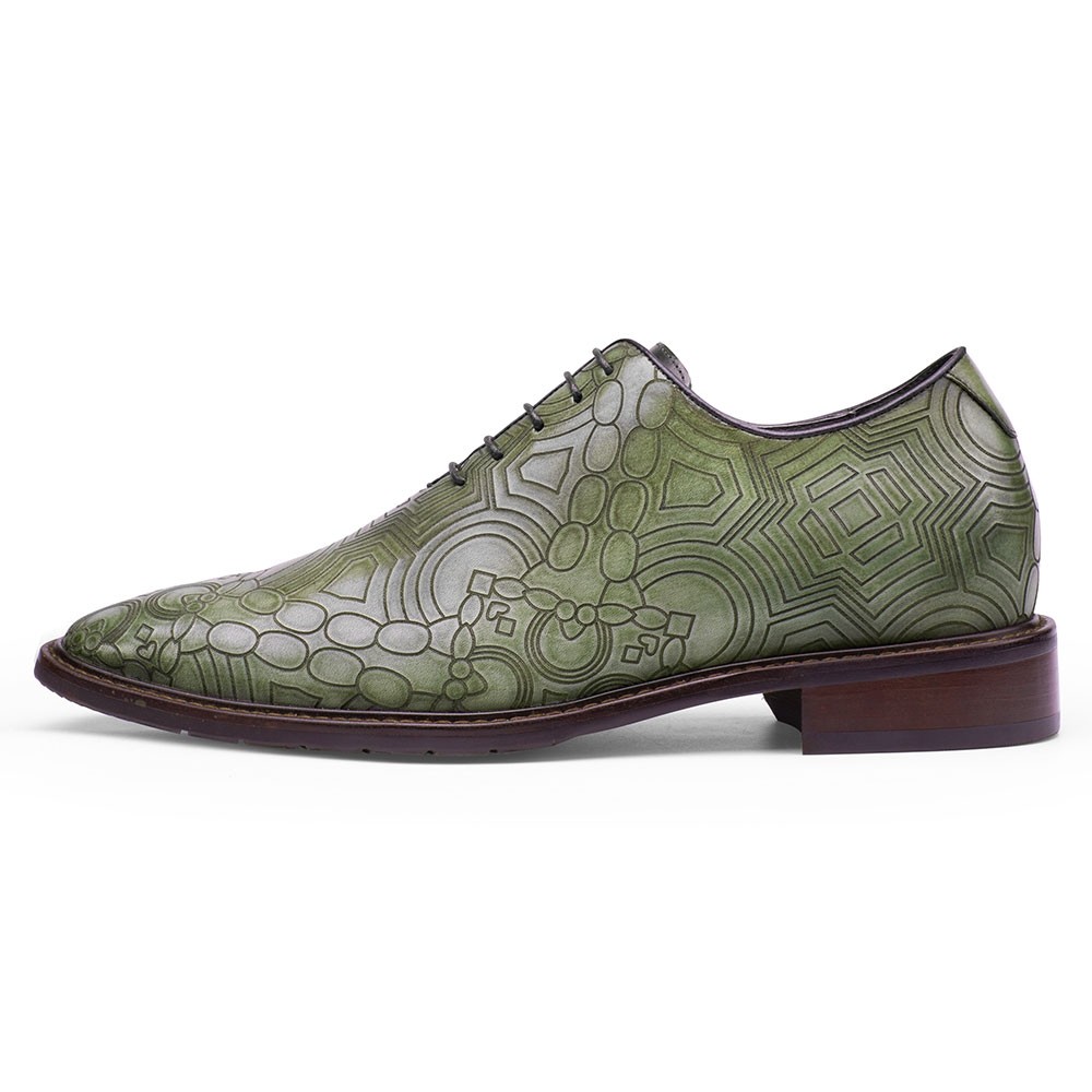 Green Chain Texture Print Handmade Elevator Shoes – Patina Leather Plain Oxfords 8CM / 3.15 Inches
